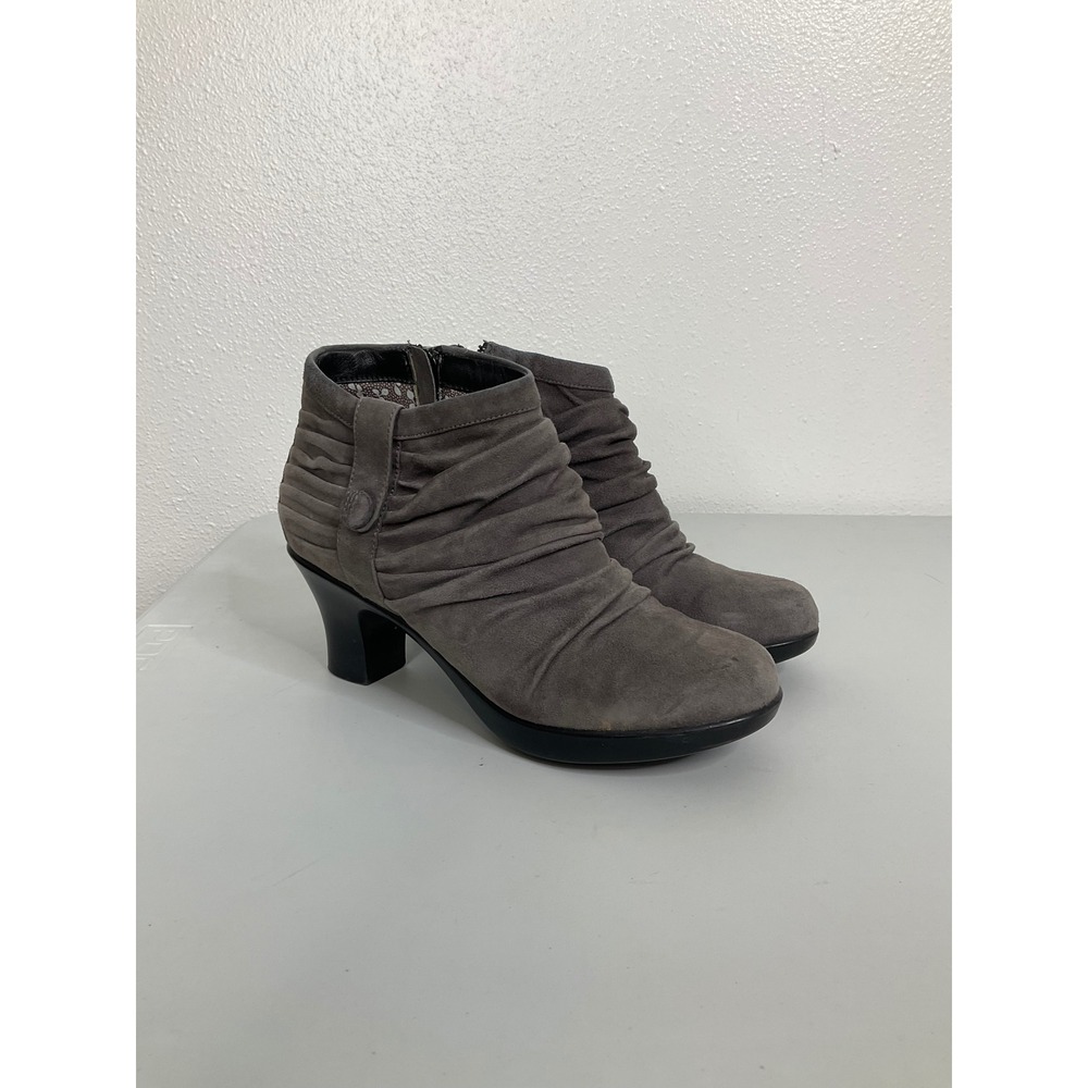 Dansko Maria Grey Suede Ruched Ankle Boots Size 37 Side Zip Block Heel Booties